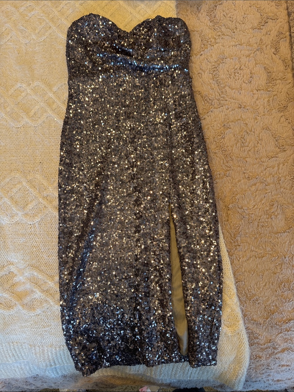 TFNC Silver Sequin Strapless Midi Dress